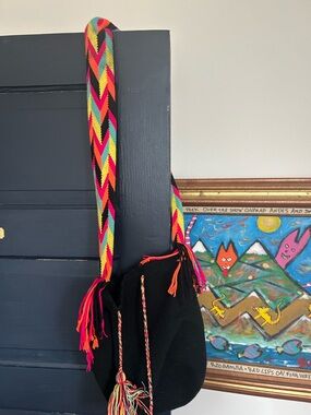 Colombian Handwoven Black Shoulder Bag with Multicolor Strap